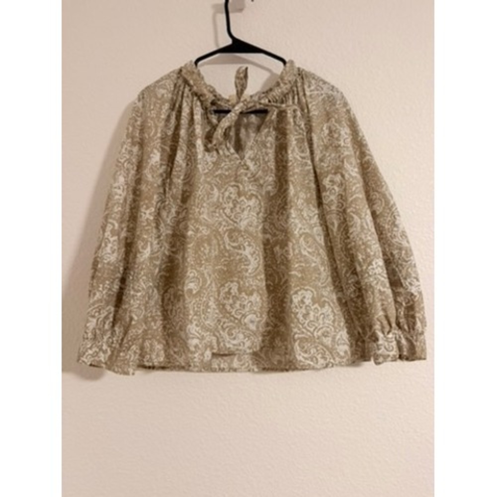 Tan Paisley Blouse Petite Large Cotton Ruffle Tie-Neck Bow Baggy Feminine Fall